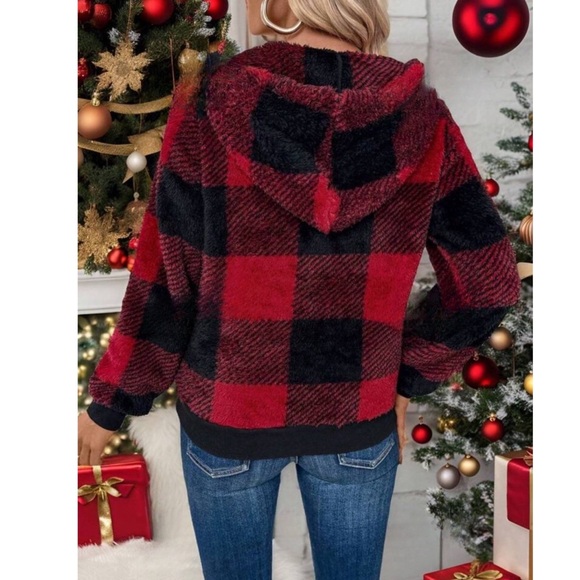 Red Plaid Super Soft Quarter Zip Long Sleeve Hooded Sweatshirt - Picture 2 of 5